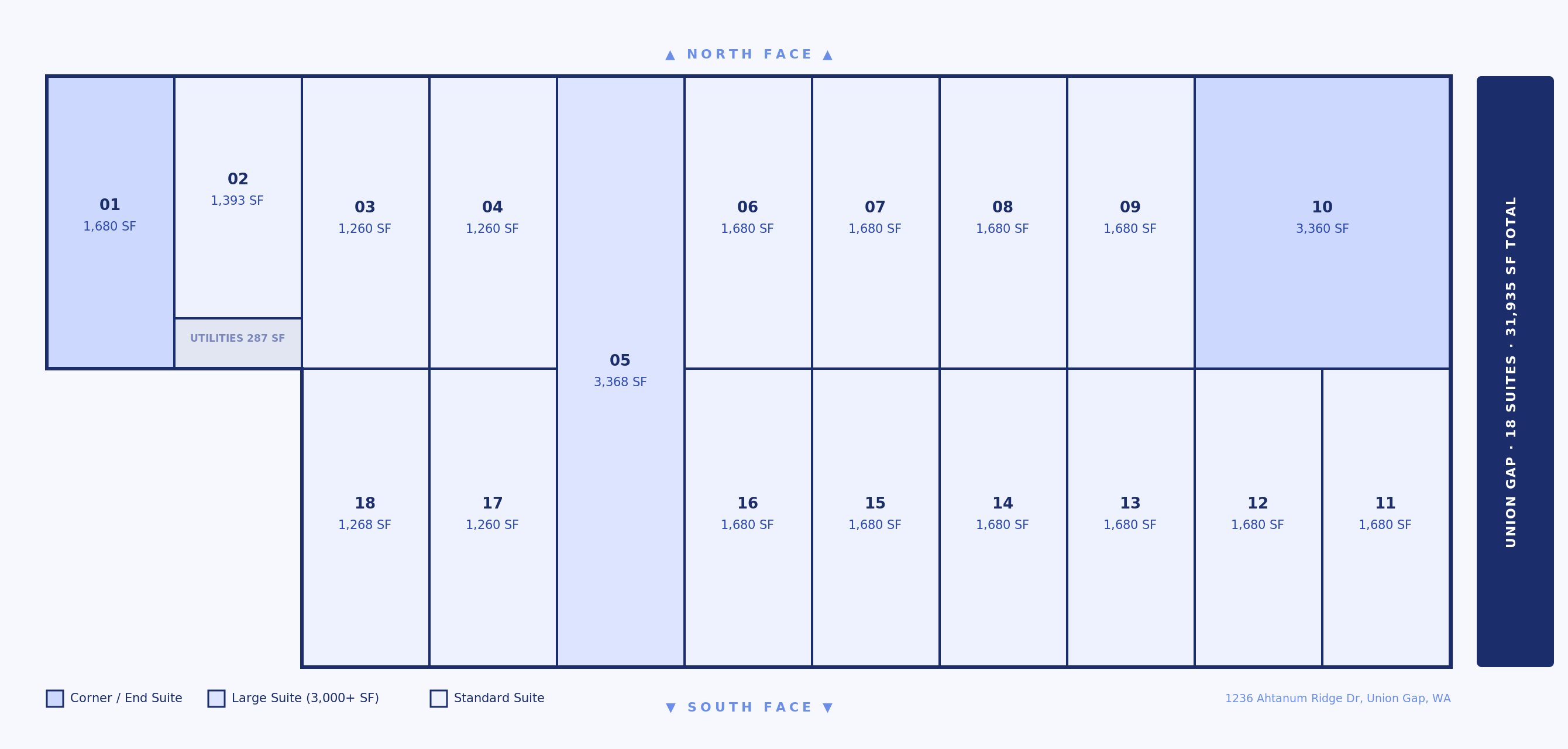 FlexPoint Business Space Union Gap floor plan showing all 18 suites